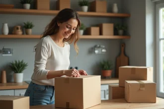 Femme emballant un carton dans une cuisine organisée