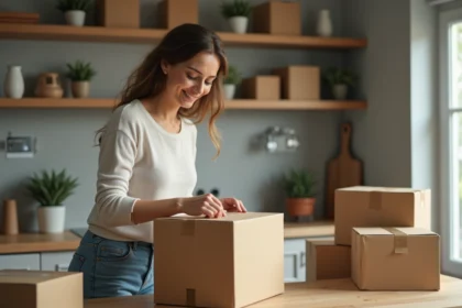 Femme emballant un carton dans une cuisine organisée