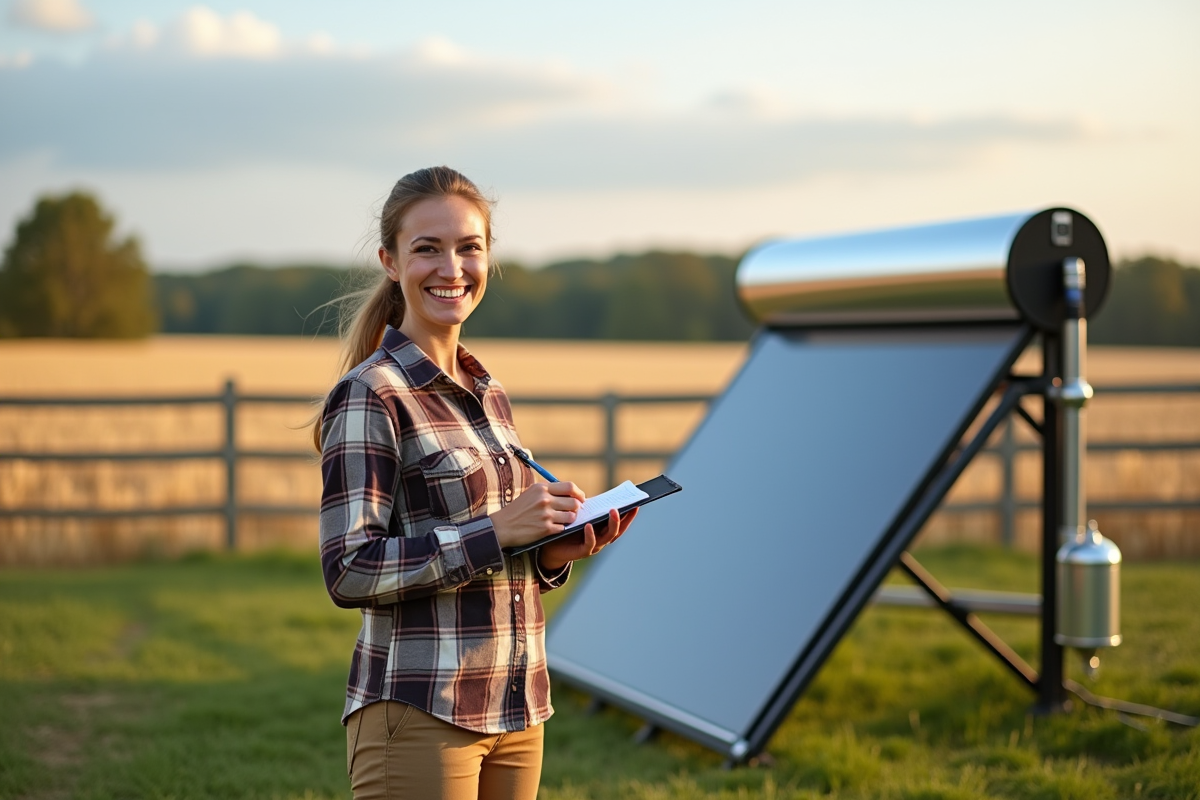 Femme souriante avec chauffe-eau solaire dans la campagne