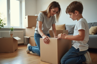 Femme et adolescent emballant des objets dans un salon lumineux