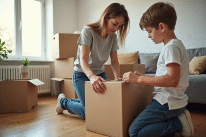 Femme et adolescent emballant des objets dans un salon lumineux