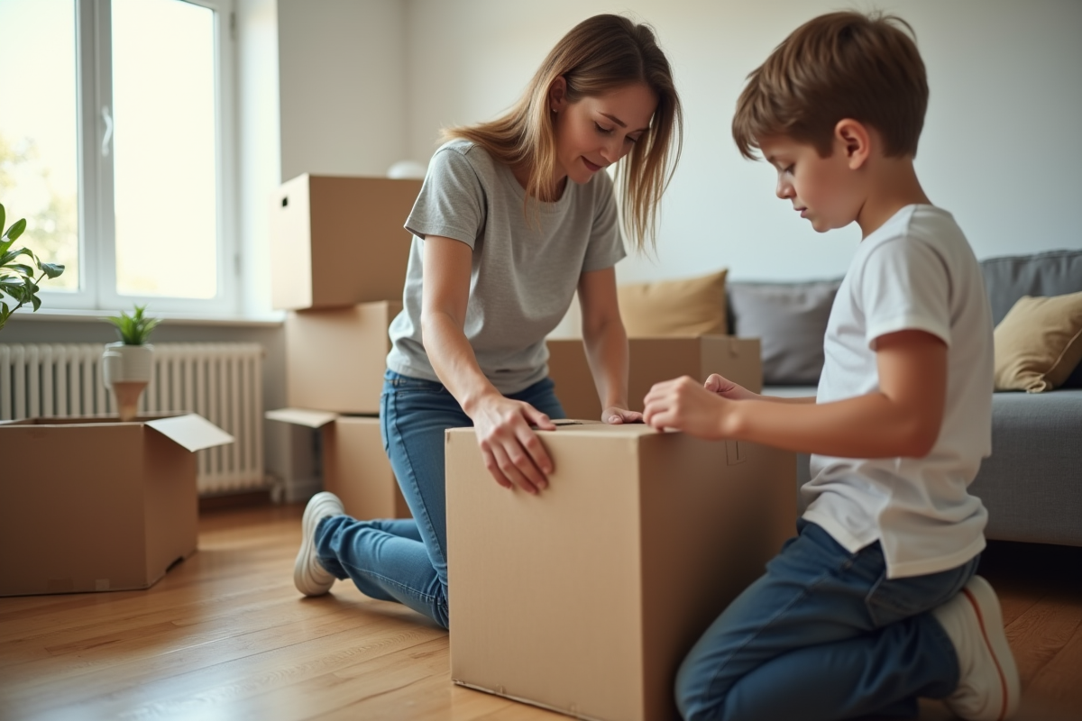 Femme et adolescent emballant des objets dans un salon lumineux