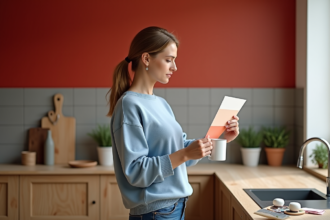 Femme en intérieur examine des échantillons de couleur dans une cuisine moderne