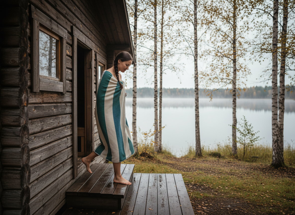 Jeune femme finlandaise sortant du sauna au bord du lac
