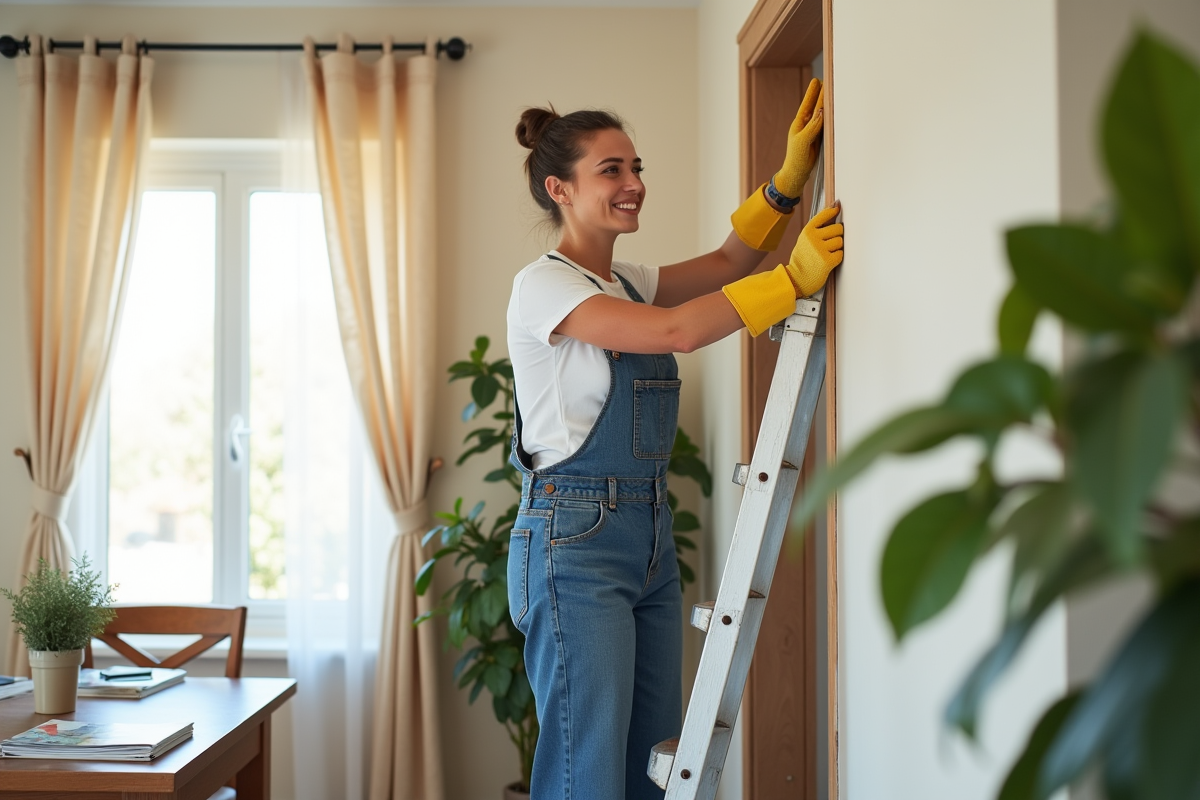 Femme souriante installant des rideaux dans une salle à manger lumineuse