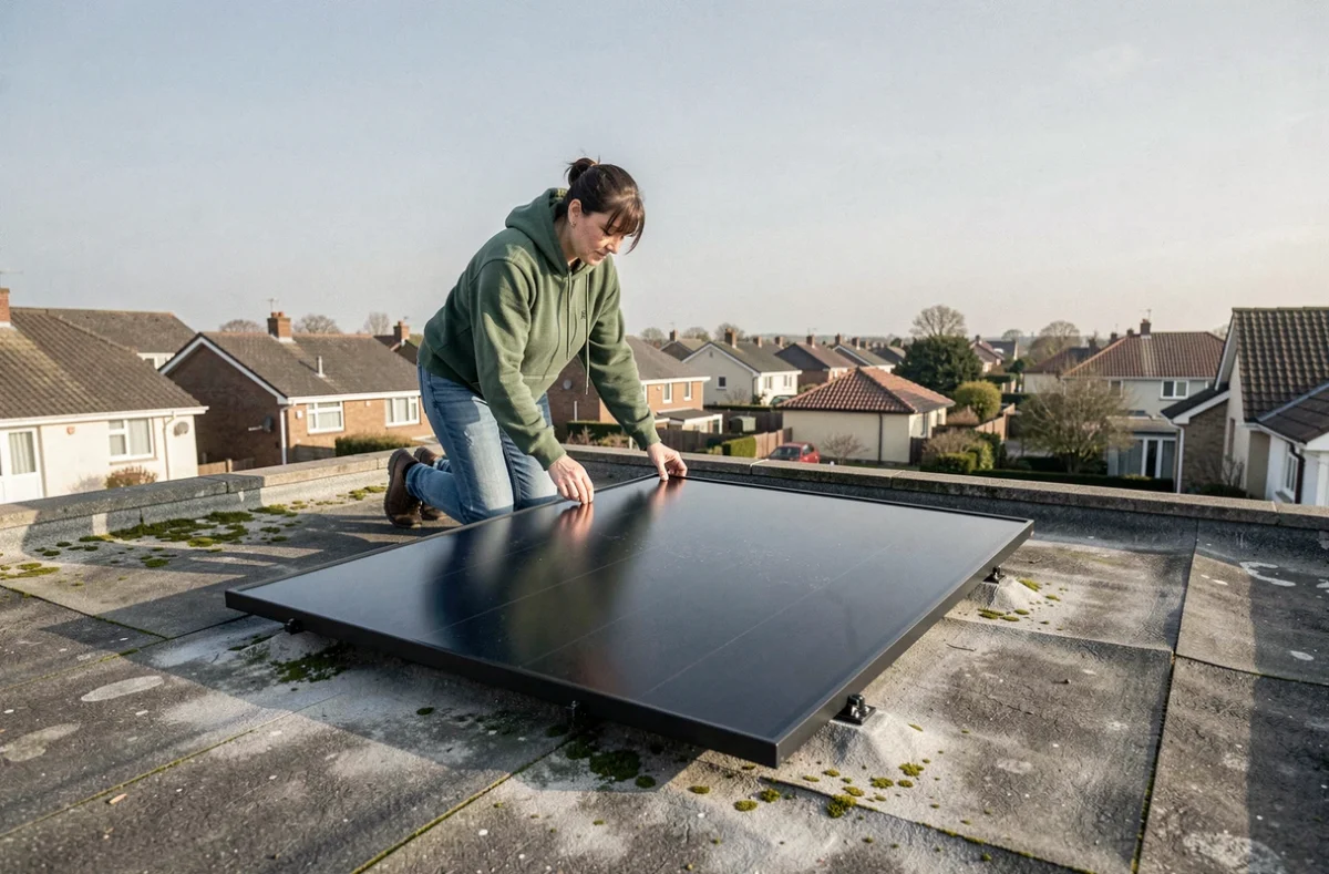 Femme installant un panneau solaire en autoconsommation sur le toit d'une maison individuelle dans un quartier résidentiel