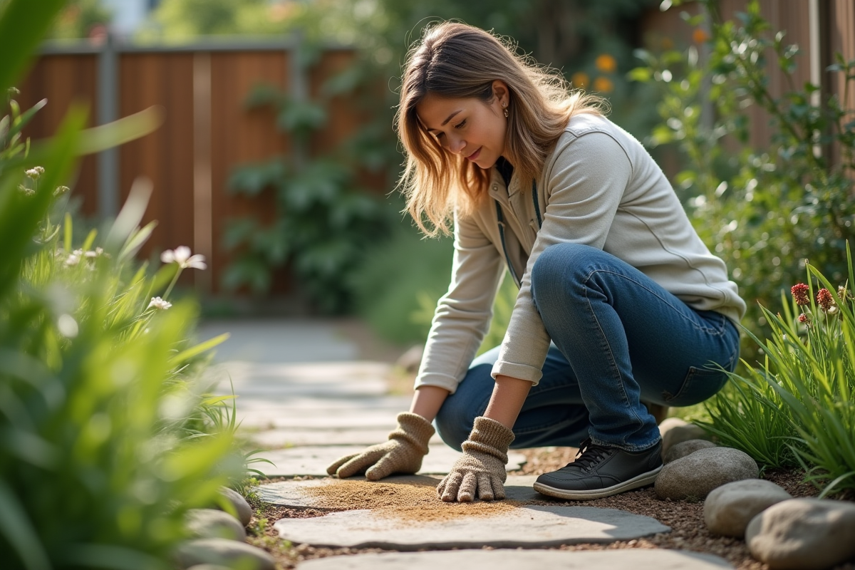 Femme en extérieur saupoudrant une poudre naturelle dans un jardin