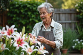 Femme en tablier de jardinage s'occupe de lys blancs et roses