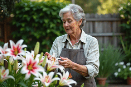 Femme en tablier de jardinage s'occupe de lys blancs et roses
