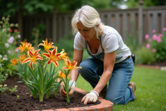 Femme en jardinage transplantant un lys tigre dans le jardin