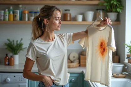 Femme examinant une tache de fruit sur un t-shirt coton