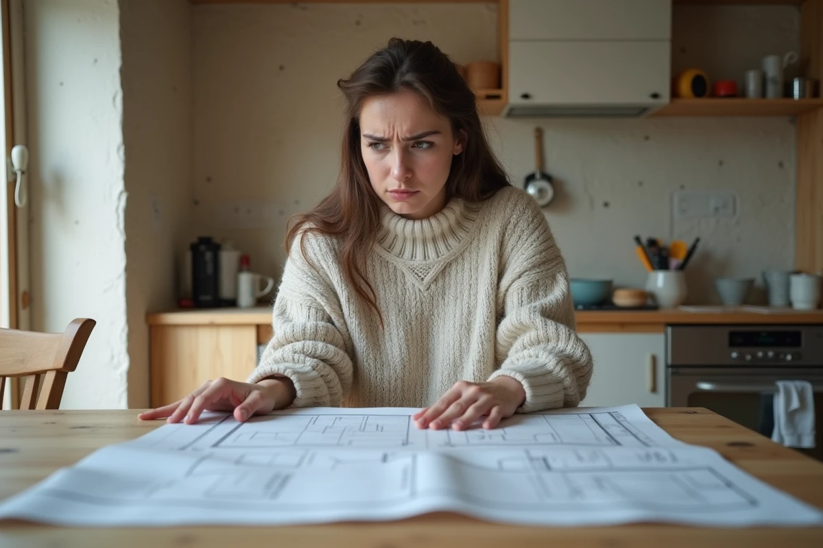 Femme assise à la table de cuisine avec plans de rénovation