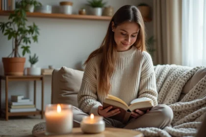 Jeune femme lisant un livre avec une bougie organic dans un salon chaleureux