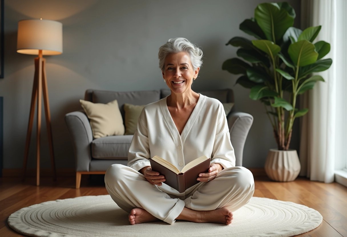 Femme lisant un livre dans un salon cosy et lumineux