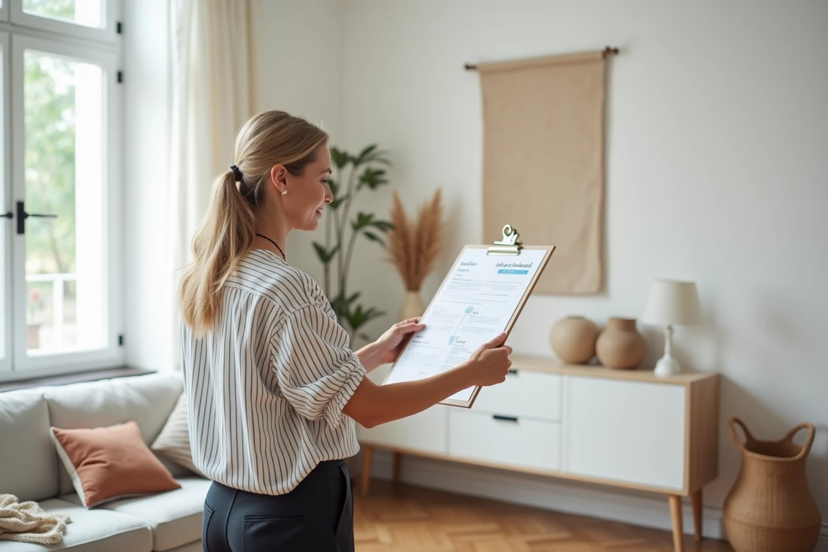 Femme tenant un mood board personnalisé issu d'un test de décoration dans son appartement contemporain