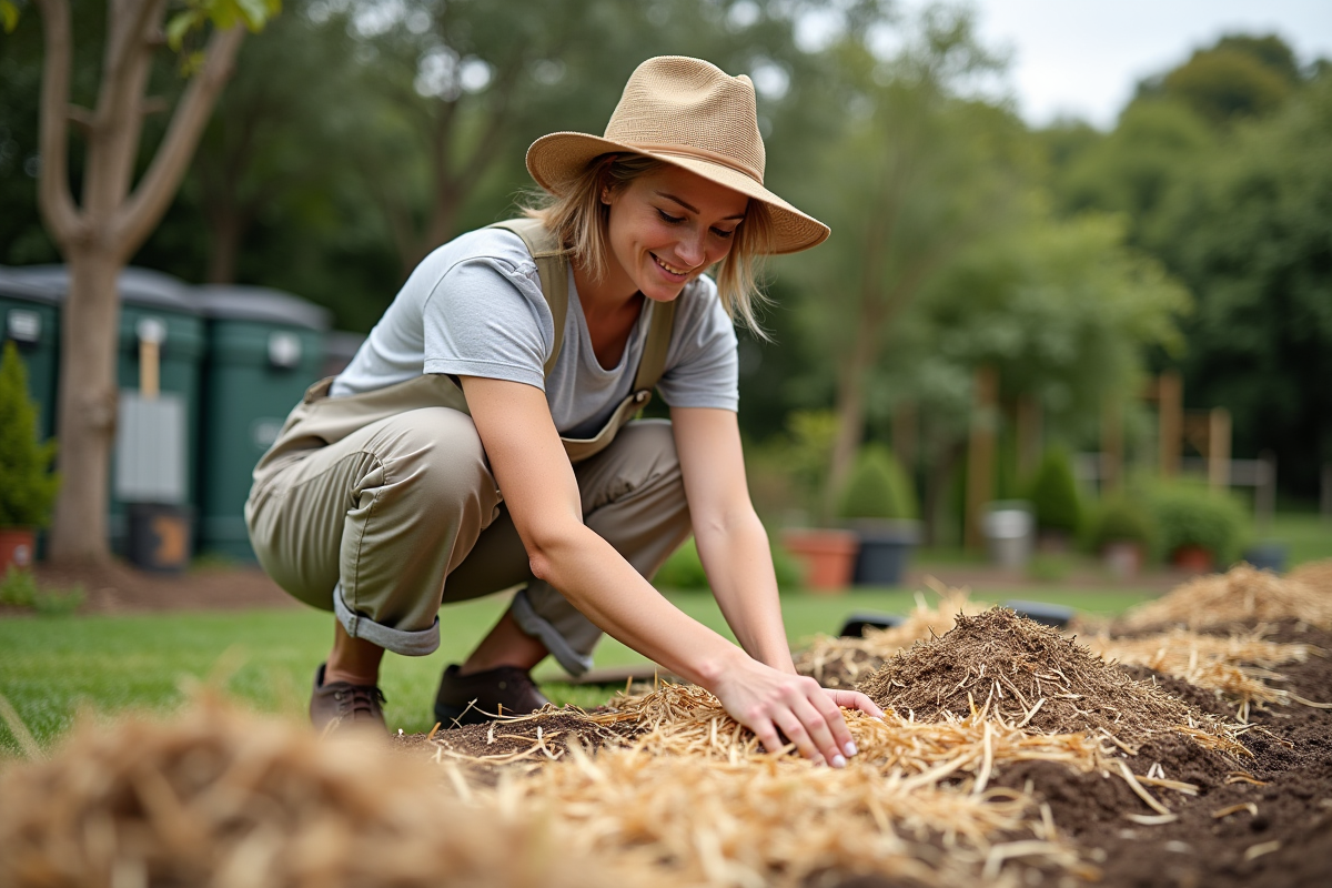 Femme en chapeau étalant de la paille sur un lit de jardin