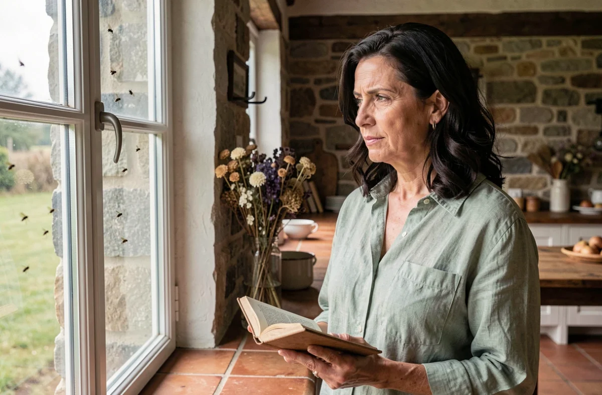Femme contemplative observant des mouches sur une vitre de fenêtre dans une cuisine de ferme, illustrant la réflexion spirituelle sur la présence de mouches dans la maison