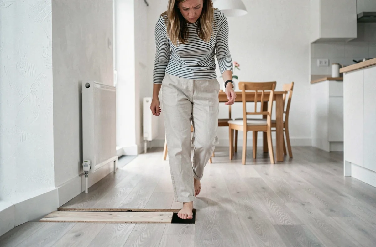 Femme debout sur un parquet flottant qui grince dans une salle à manger moderne, regardant le sol avec agacement