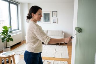 Jeune femme peignant un mur dans un salon moderne