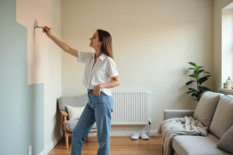 Femme en blanc peignant un mur dans un salon moderne