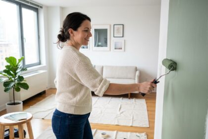 Jeune femme peignant un mur dans un salon moderne