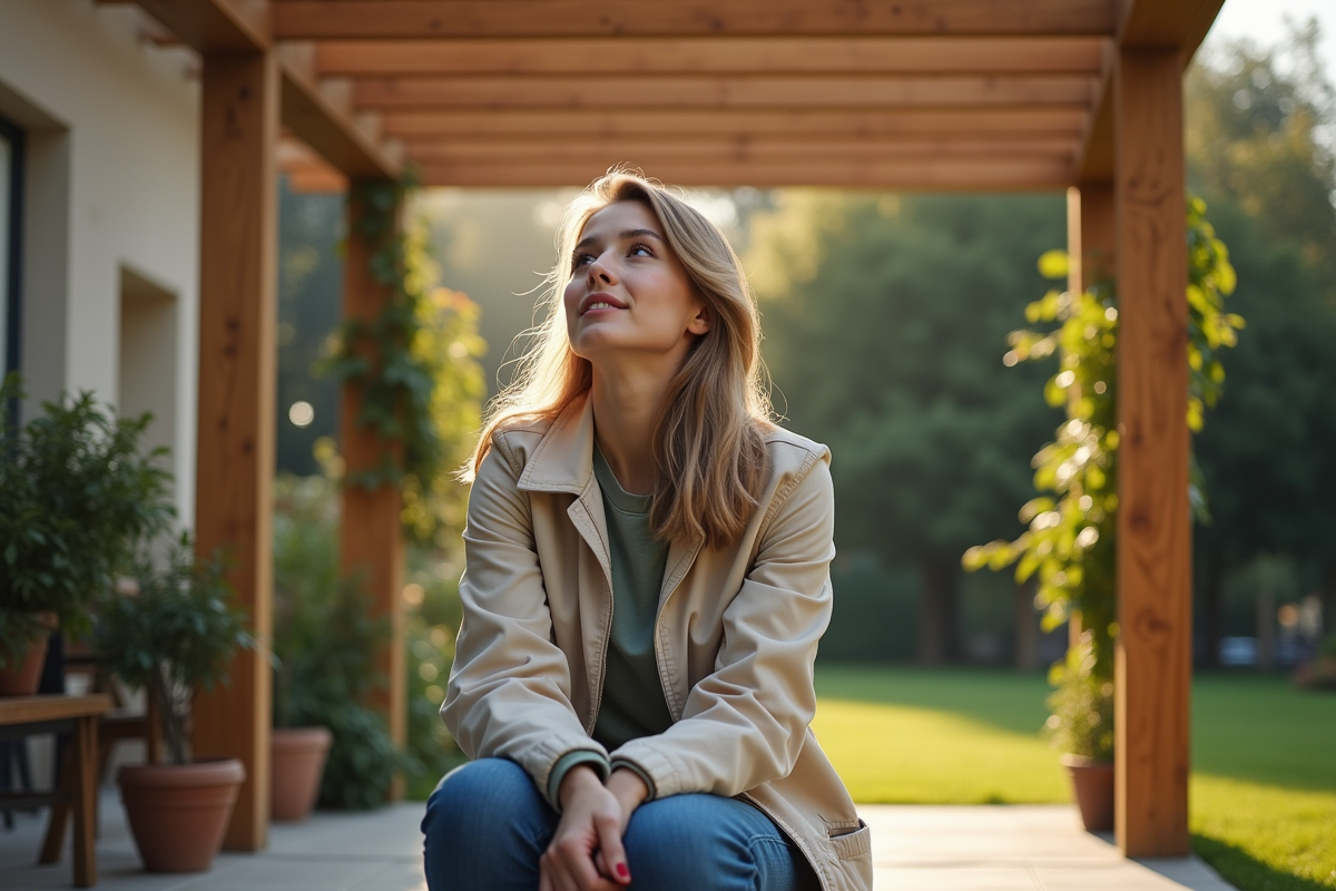 Jeune femme sous une pergola en bois sur un patio