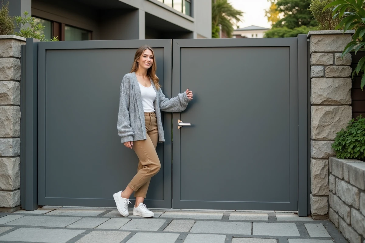 Jeune femme ouvrant une porte en aluminium sur une rue urbaine