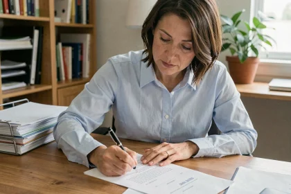Femme rédigeant une attestation de domicile sur l'honneur à son bureau à domicile