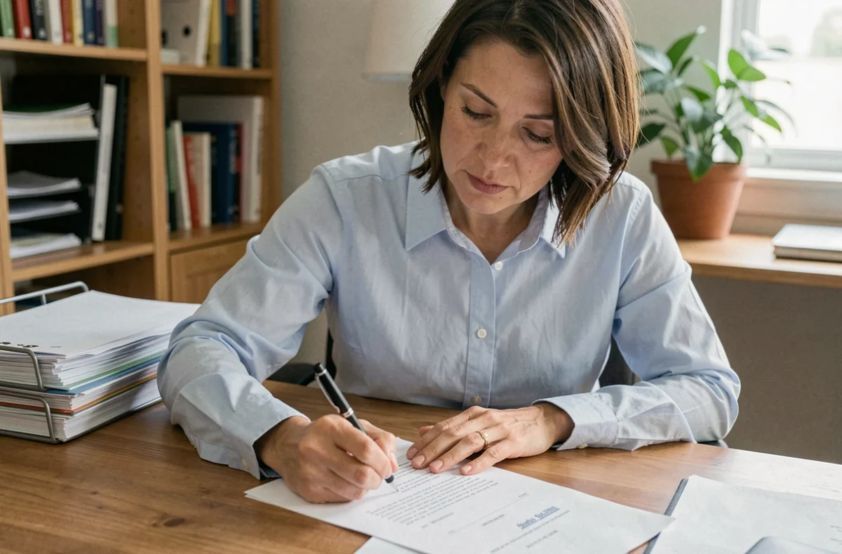 Femme rédigeant une attestation de domicile sur l'honneur à son bureau à domicile
