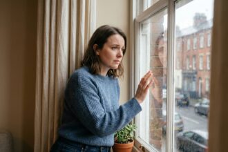 Jeune femme regardant par la fenêtre dans un salon lumineux