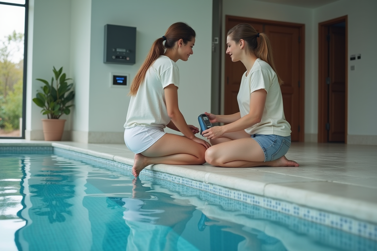 Femme réglant la pompe de piscine intérieure
