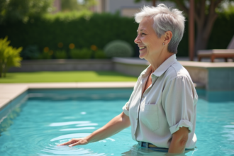Femme détendue au bord de la piscine en été