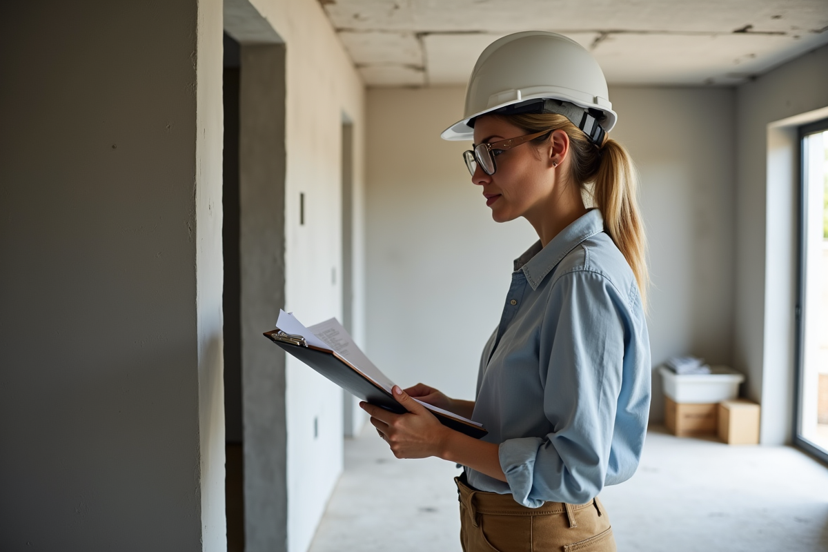 Femme vérifiant plans de rénovation dans un sous-sol moderne