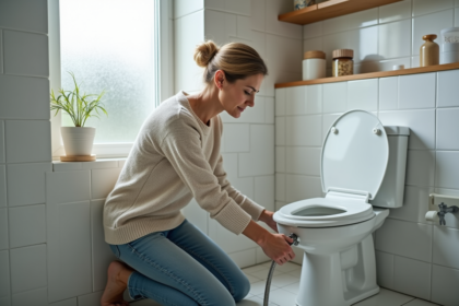 Femme connectant un tuyau d'eau de pluie à un WC moderne dans la salle de bain