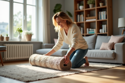 Femme souriante en salon en train de rouler un tapis ancien