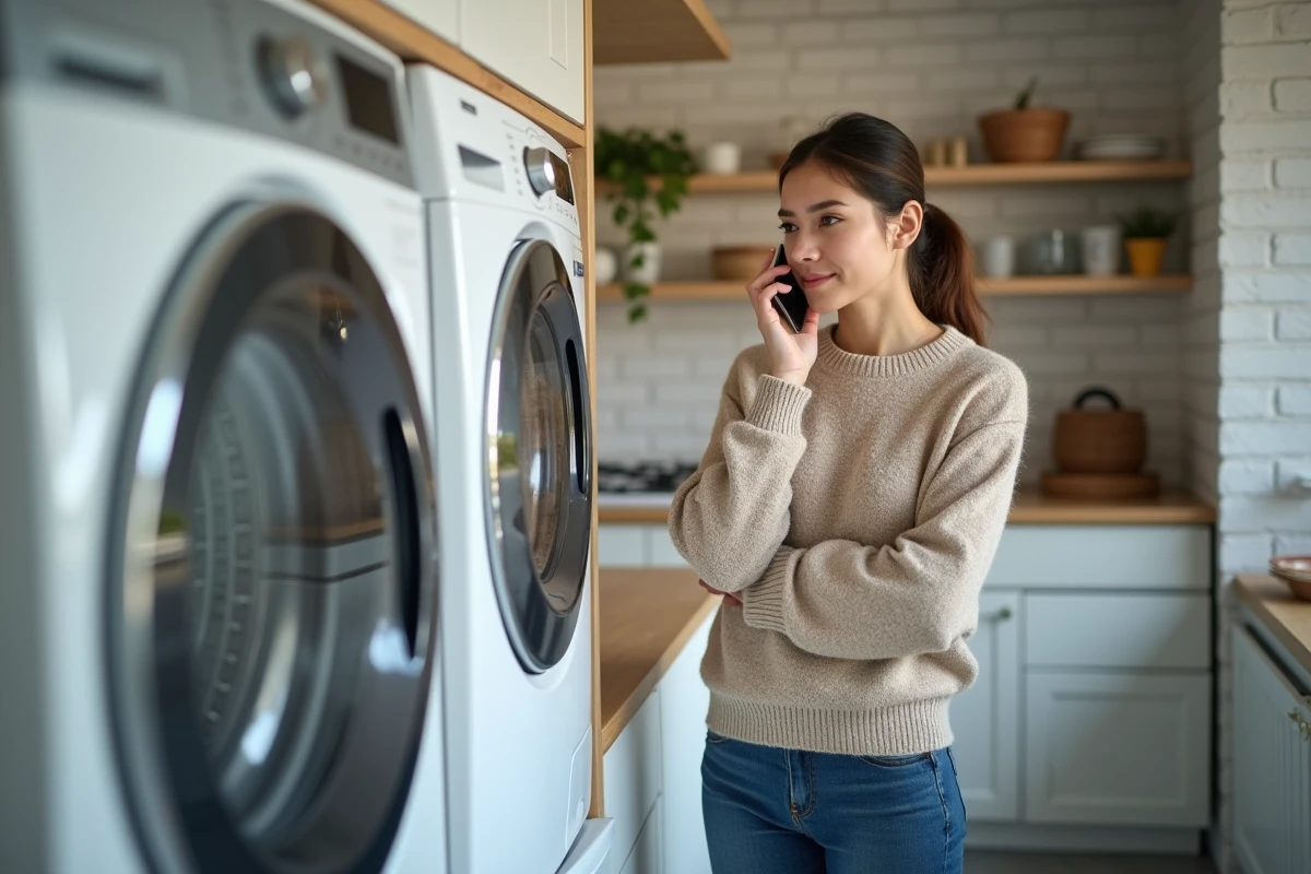 Femme parlant au téléphone près d’un appareil dans un local utilitaire