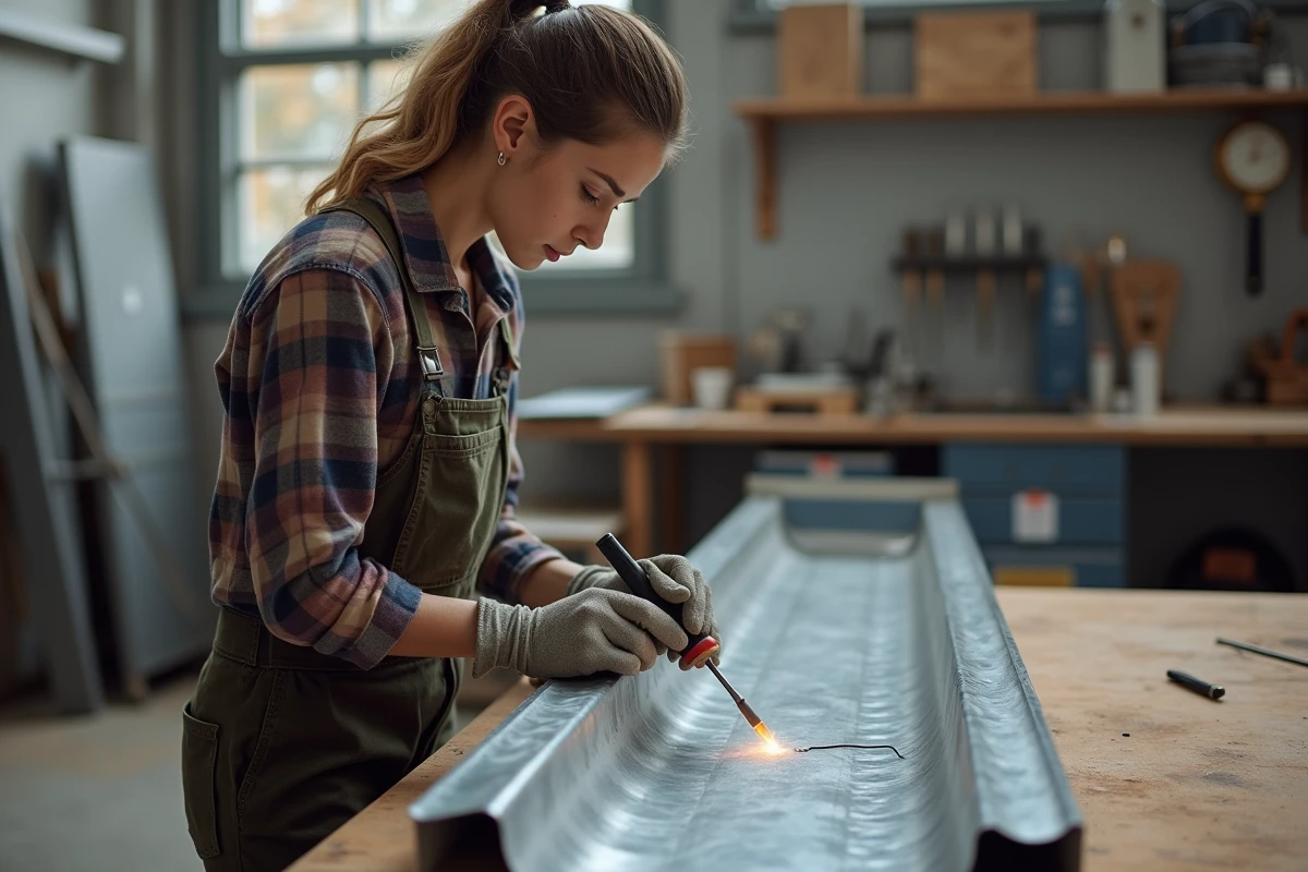 Jeune femme soudant une gouttière zinc dans un atelier