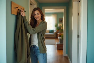Femme souriante dans une entrée moderne accueillante