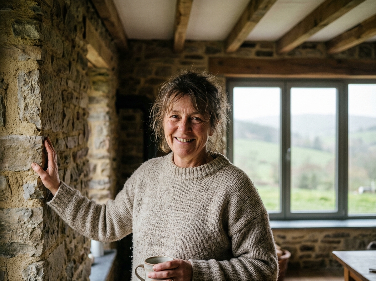 Femme souriante dans une maison en Ardennes touchant un mur en pierre