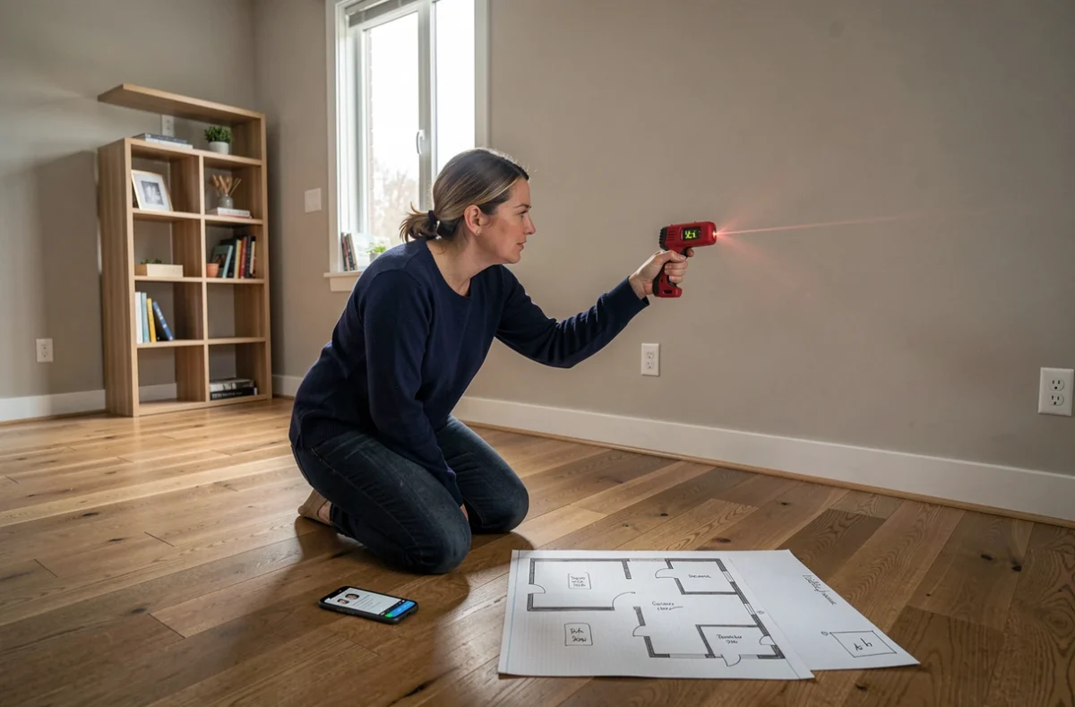 Femme mesurant une pièce à vivre avec un télémètre laser et un plan dessiné à la main