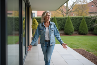 Femme en terrasse moderne estimant la surface extérieure