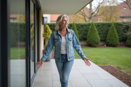 Femme en terrasse moderne estimant la surface extérieure