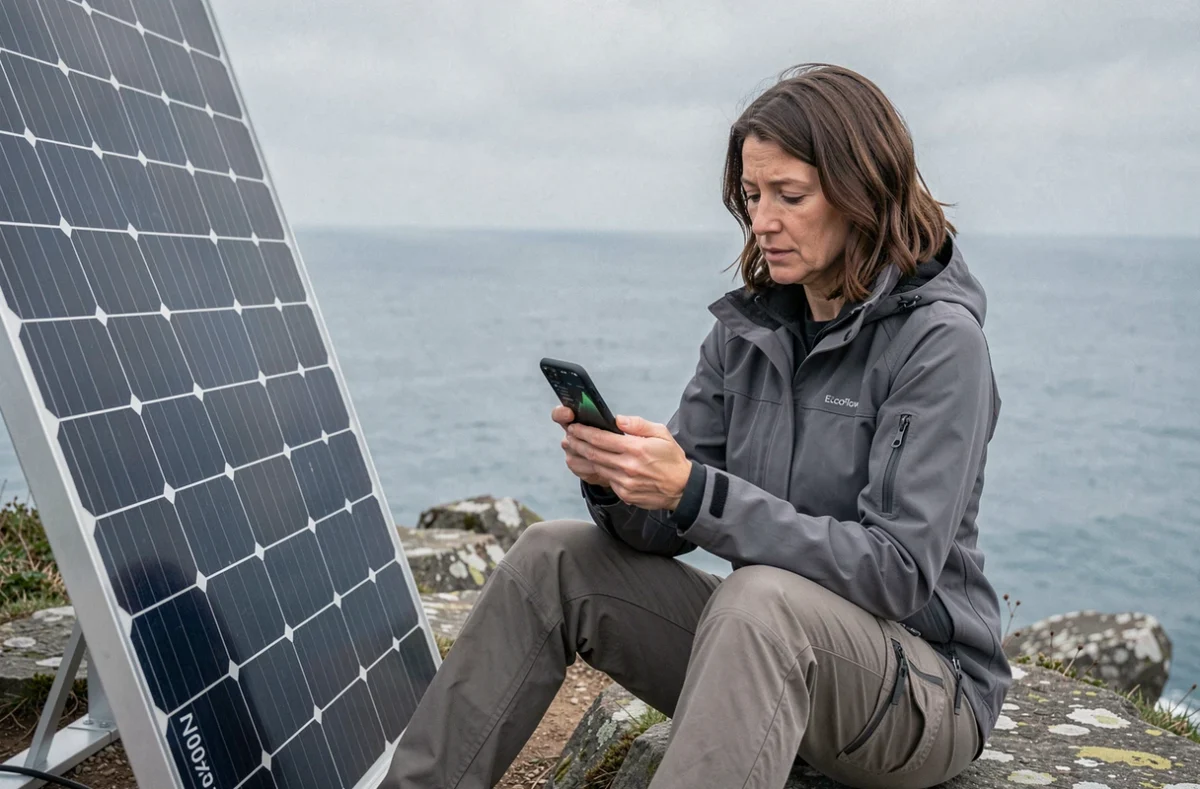 Femme consultant les données de production d'un panneau EcoFlow 400W sur smartphone au bord d'une falaise côtière