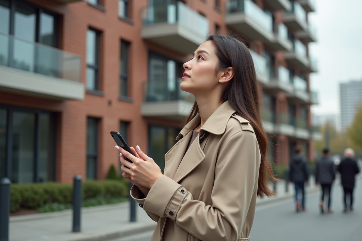 Jeune femme devant un immeuble neuf dans un environnement urbain