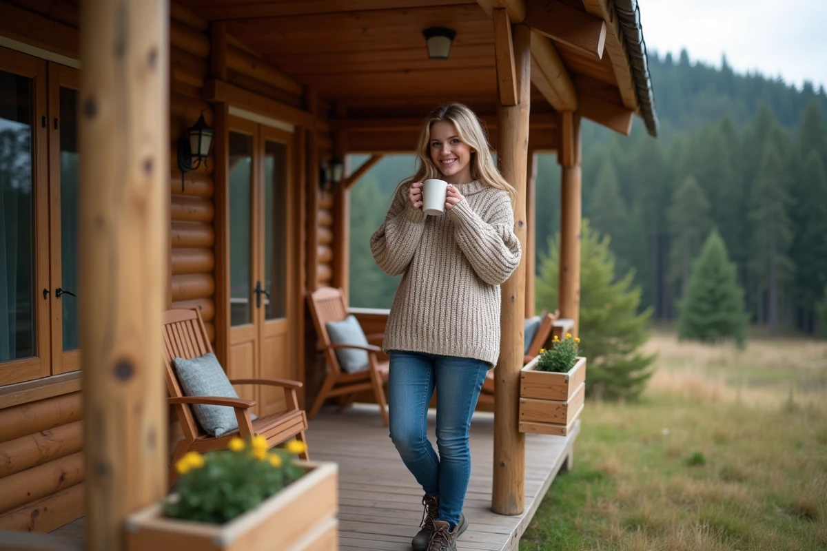 Femme sur la veranda d un chalet en bois en forêt