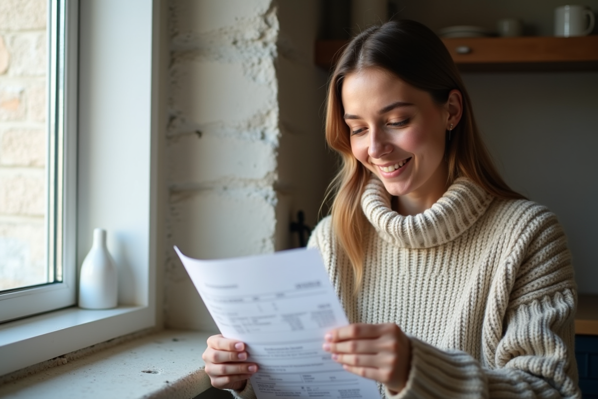 Femme souriante vérifiant sa facture d