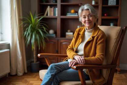 Femme d'âge moyen examine une chaise vintage en bois dans un salon lumineux