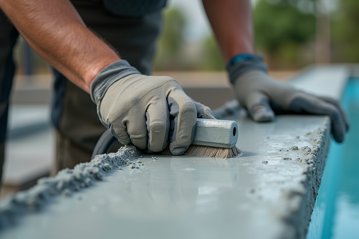 Mains d’un artisan finissant la surface en béton d’une piscine