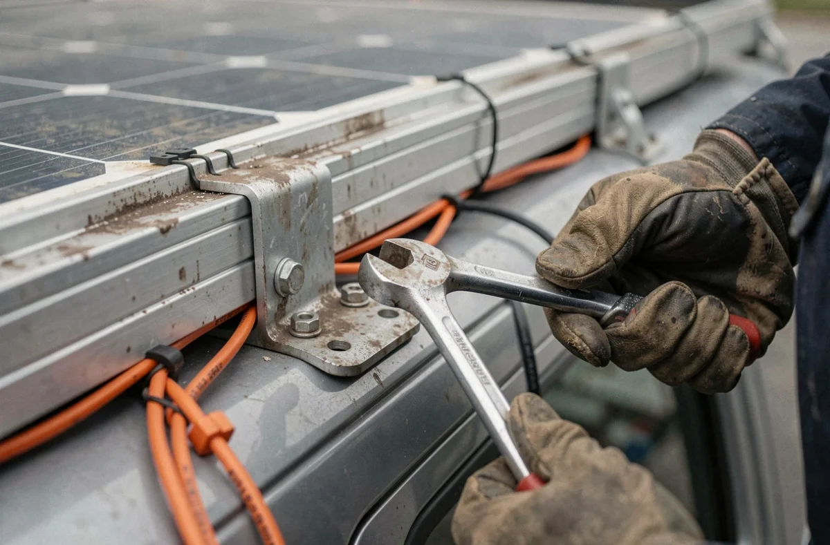 Gros plan sur les fixations et le câblage d'un panneau solaire monté sur un camion