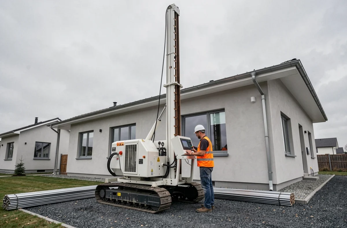 Forage vertical pour sonde géothermique en cours dans le jardin latéral d'une maison contemporaine